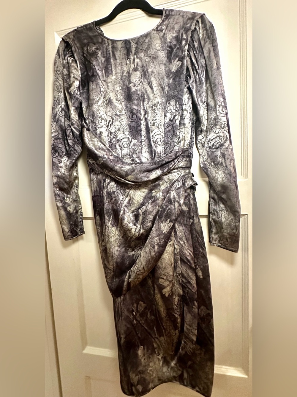 Vintage Emanuel Ungaro Long-Sleeve Draped Floral Midi Dress - Gray